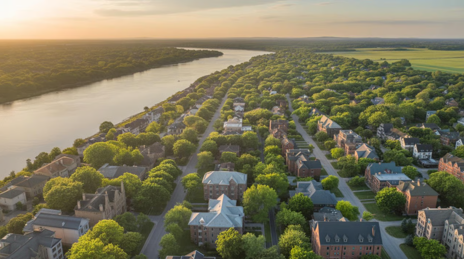 Aerial view of a residential neighborhood with tree-lined streets next to a winding river at sunset.